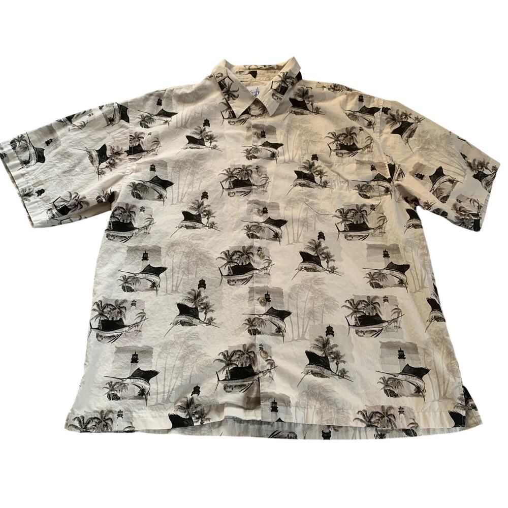 Guy Harvey Marlin Button Up Shirt Ivory Black Gray Tropical Fishing Aloha XL